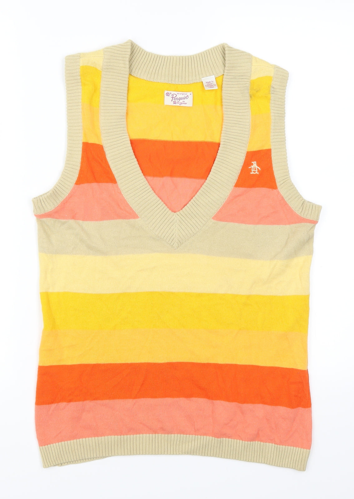Penguin Mens Orange Striped  Vest Jumper Size M