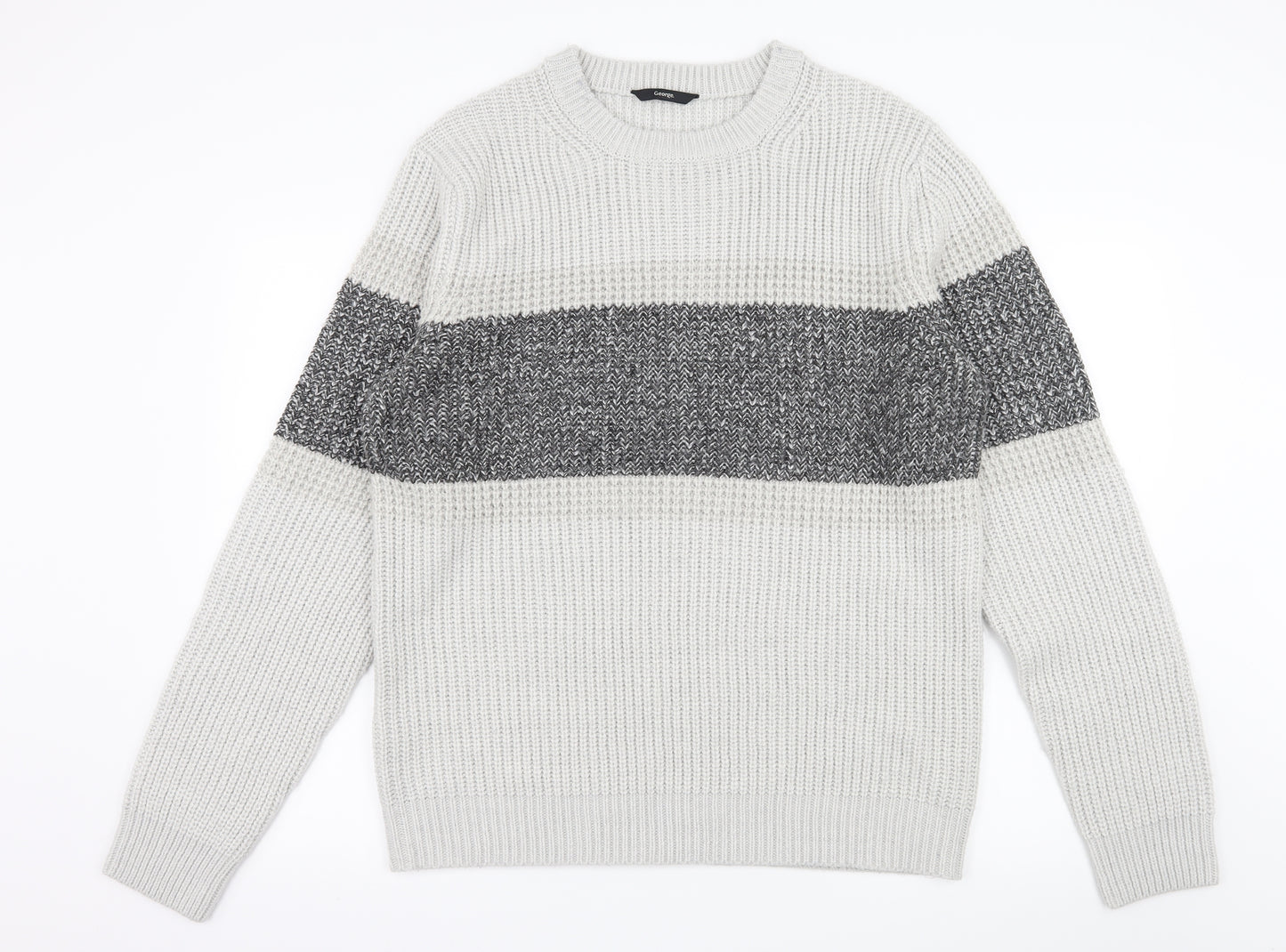 George Mens Grey Striped Knit Pullover Jumper Size XL