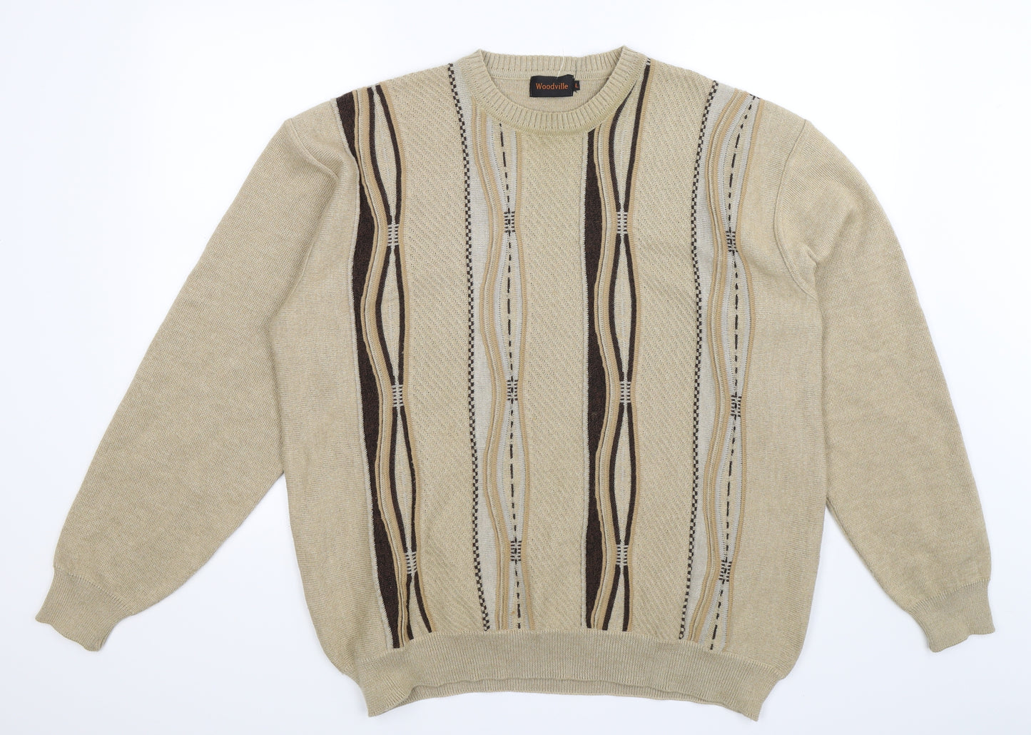 Woodville Mens Beige Geometric Knit Pullover Jumper Size L
