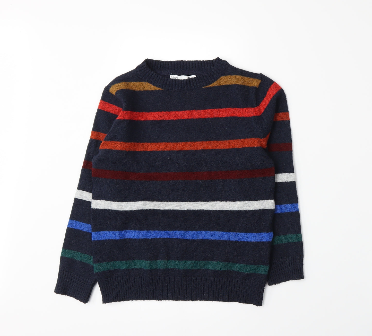 Marks and Spencer Boys Blue Striped Knit Pullover Jumper Size 7-8 Years