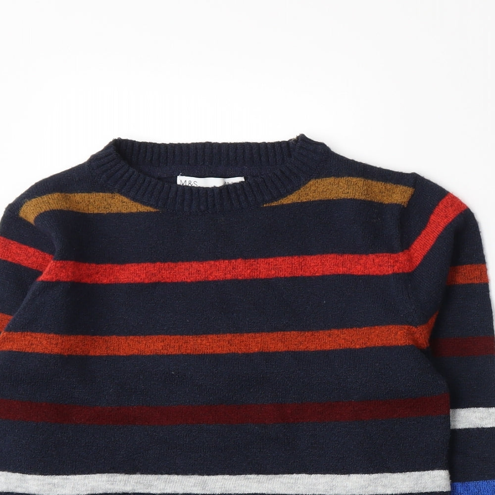 Marks and Spencer Boys Blue Striped Knit Pullover Jumper Size 7-8 Years