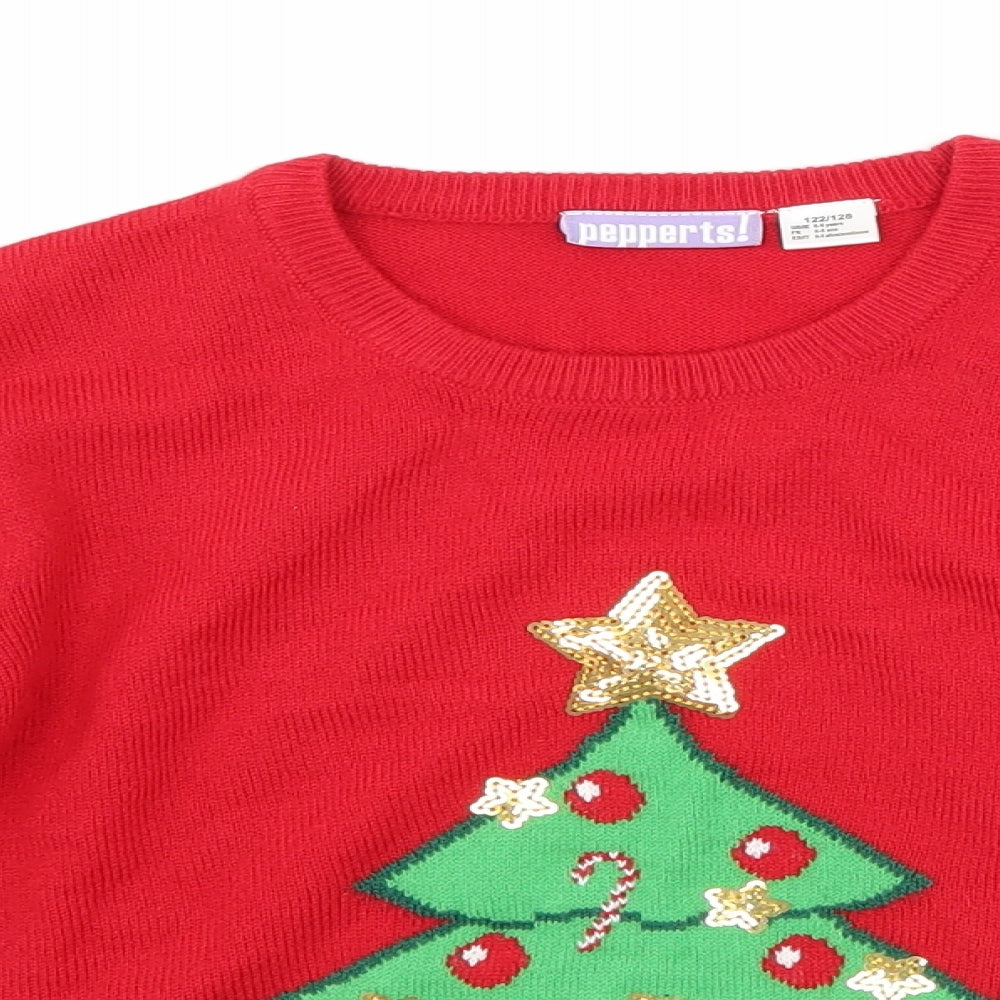 Pepperts Girls Red   Pullover Jumper Size 6-7 Years  - Christmas Tree
