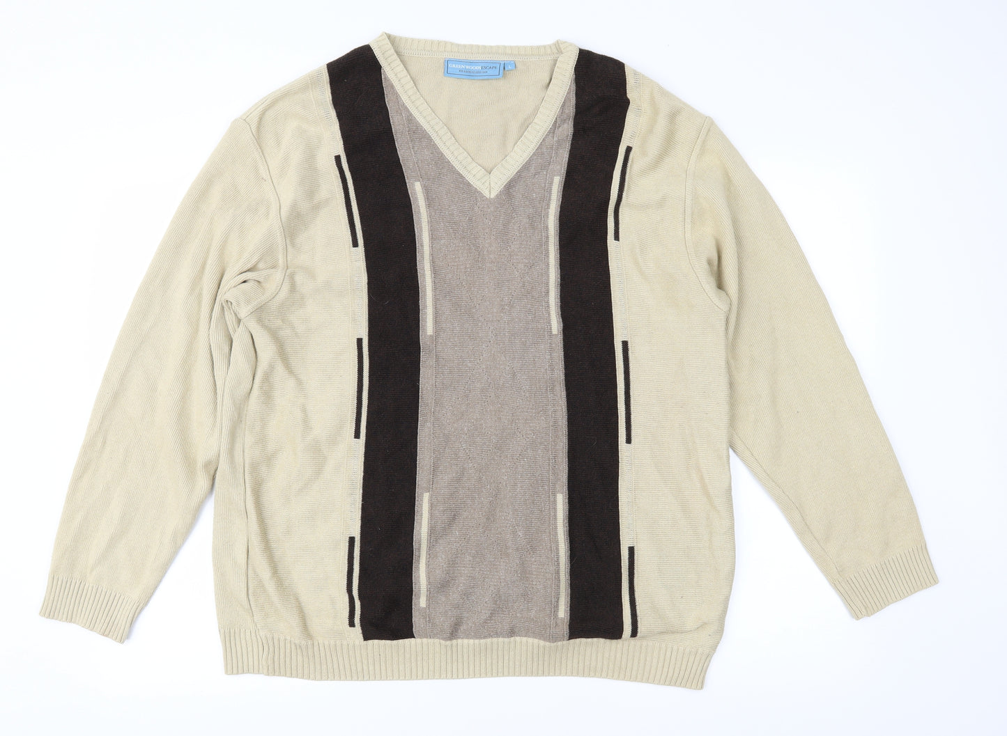 Greenwoods Mens Beige Geometric Knit Pullover Jumper Size L