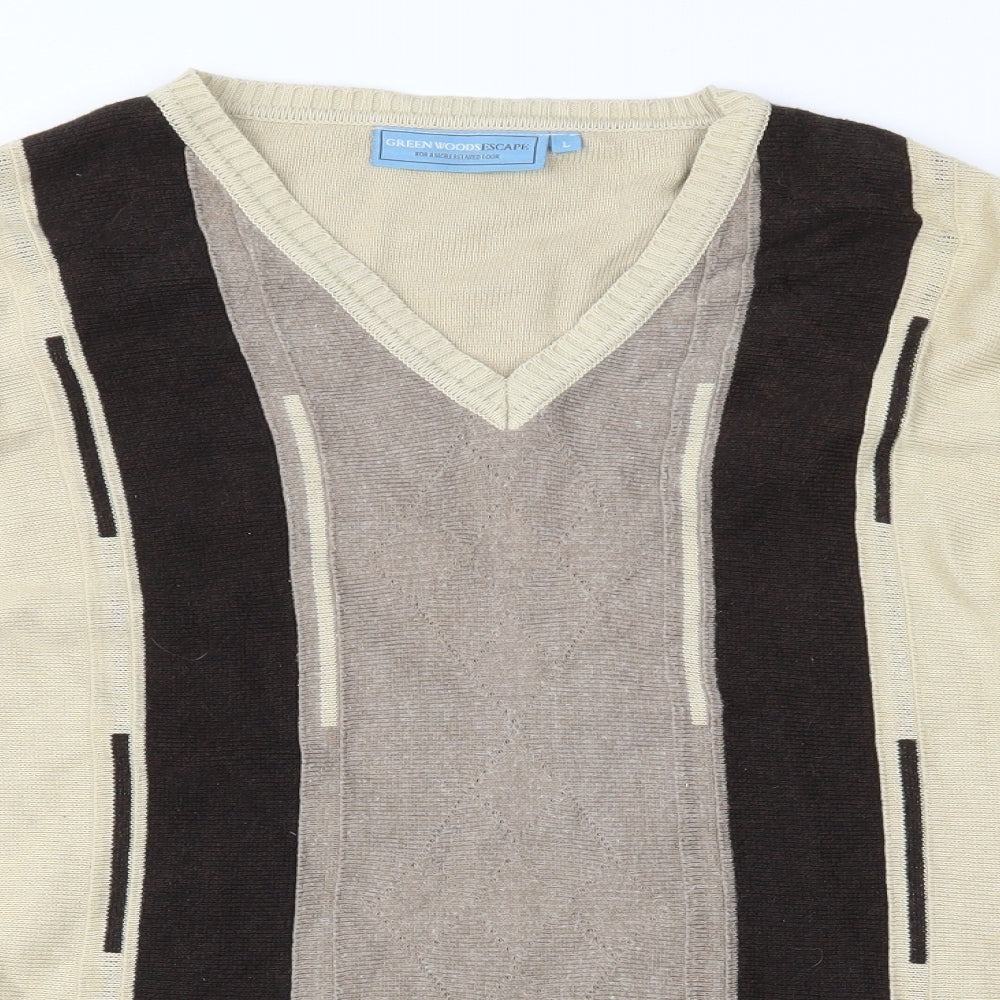 Greenwoods Mens Beige Geometric Knit Pullover Jumper Size L