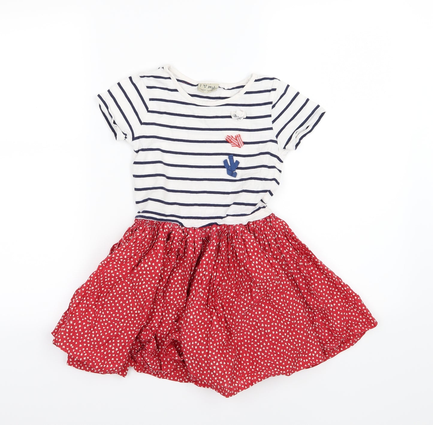 NEXT Girls Multicoloured Striped Woven Skater Dress  Size 6 Years  - Heart Print