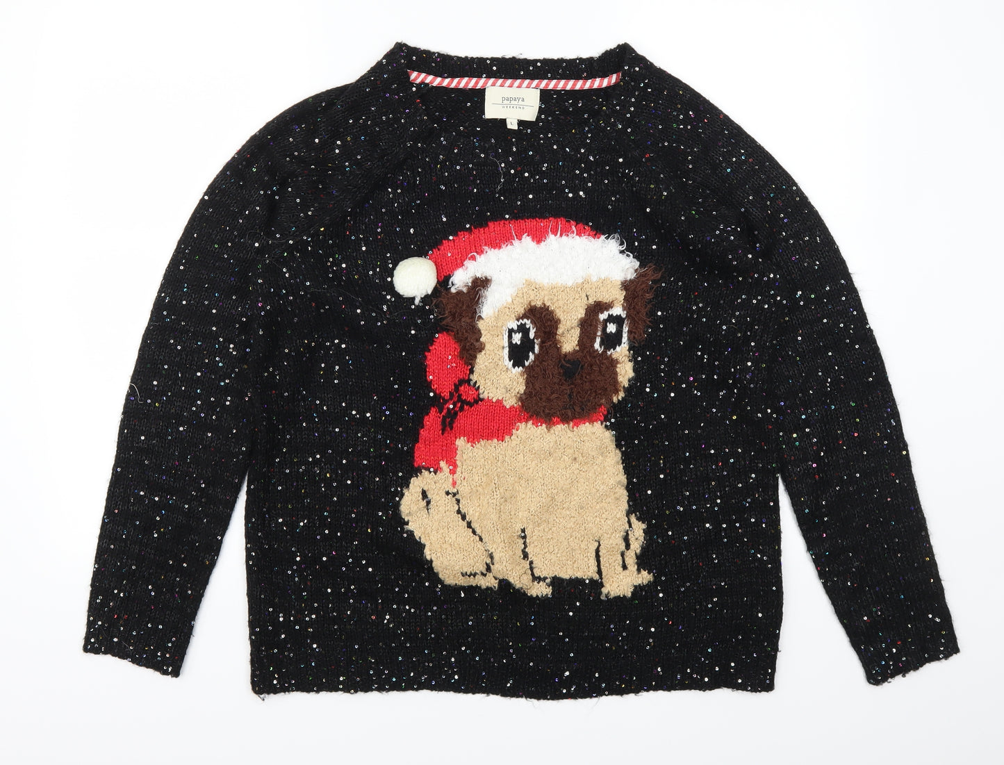 Papaya Womens Black   Pullover Jumper Size L  - Christmas Pug