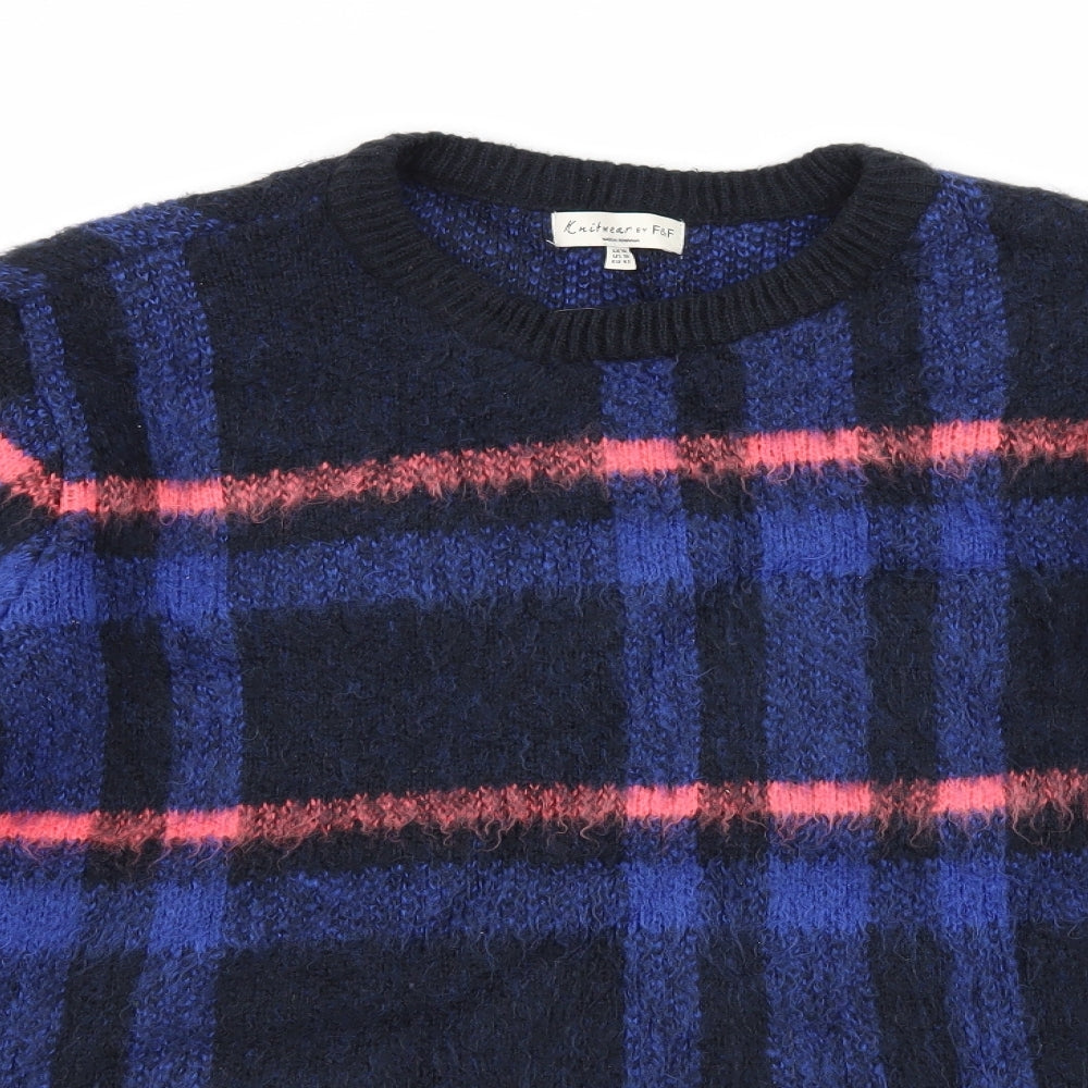 F&F Womens Blue Plaid Knit Pullover Jumper Size 14