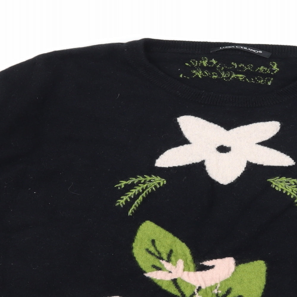 LUISA CERANO Womens Black Floral Knit Pullover Jumper Size 16