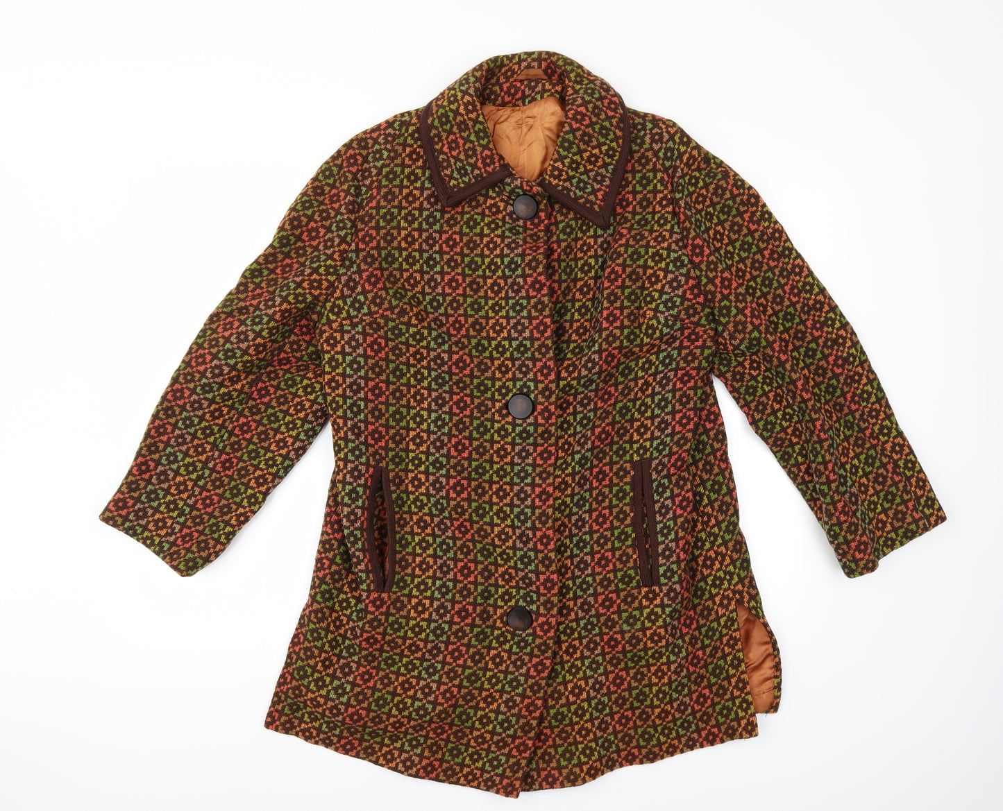 Preworn Womens Brown Geometric  Overcoat Coat Size S