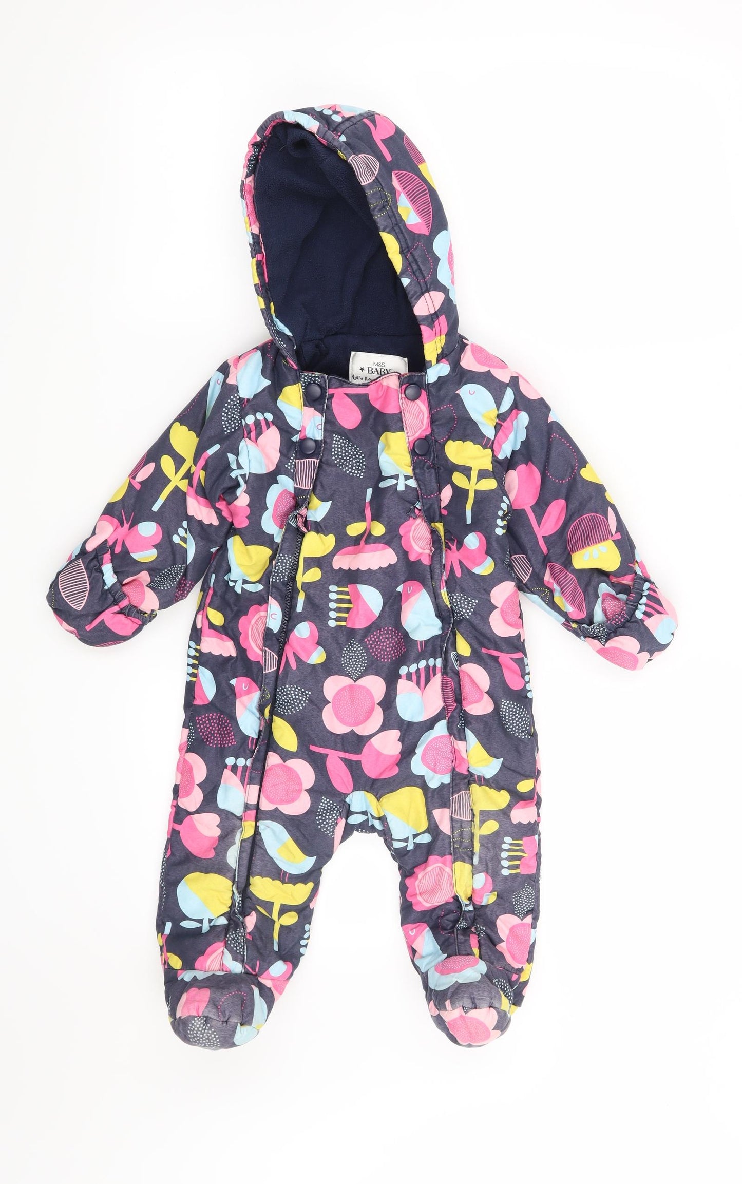 Marks and Spencer Girls Blue Floral  Overcoat Snowsuit Size 9-12 Months