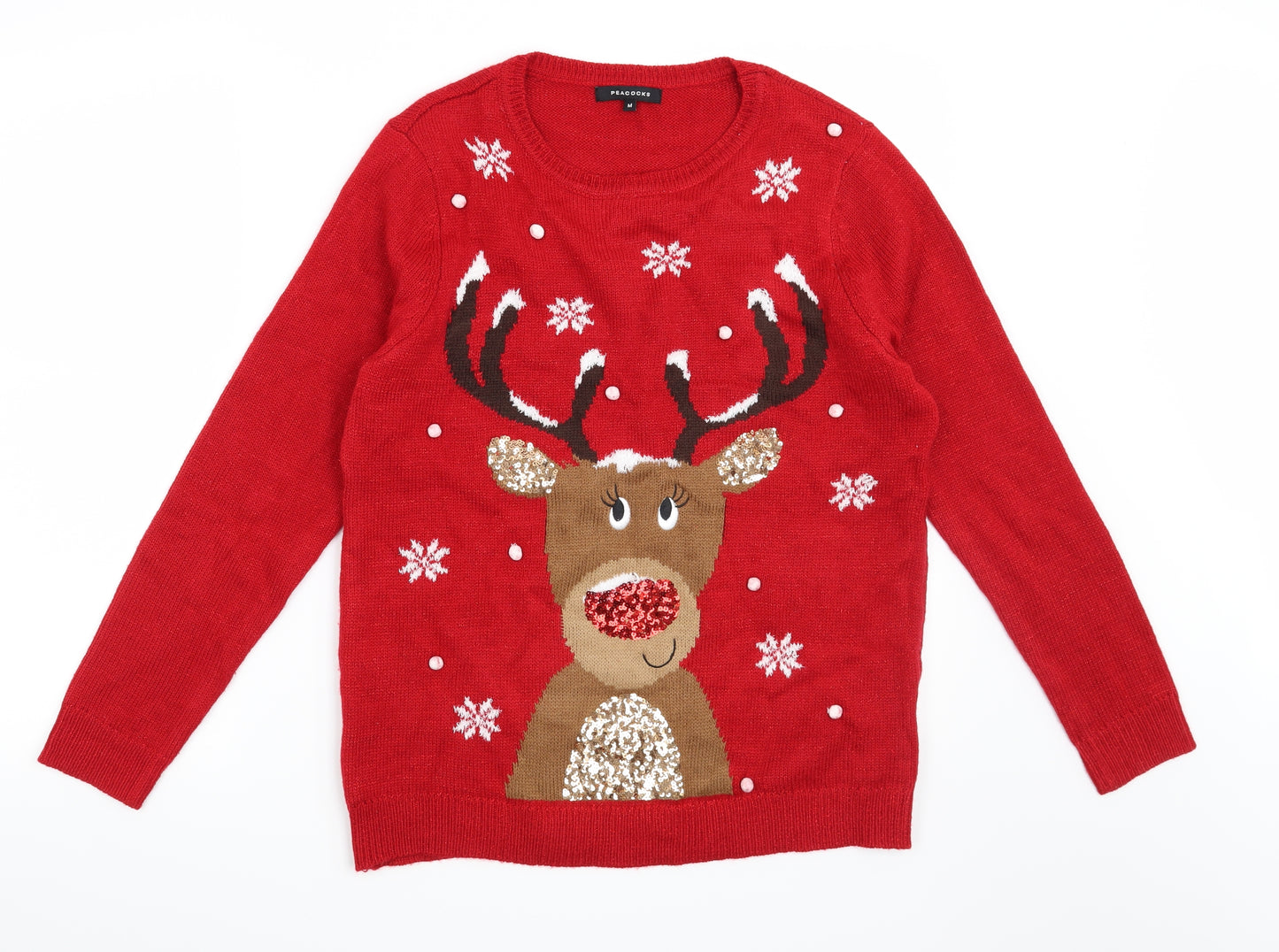 Peacocks Womens Red   Pullover Jumper Size M  - Christmas Reindeer