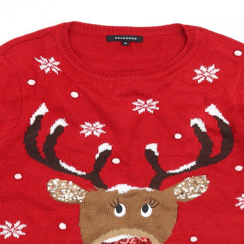 Peacocks Womens Red   Pullover Jumper Size M  - Christmas Reindeer