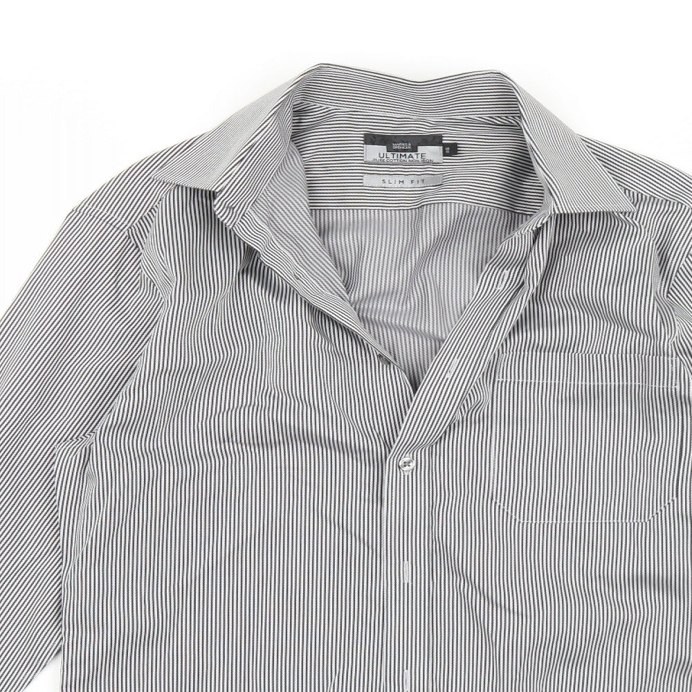 Marks and Spencer Mens White Striped   Button-Up Size 15