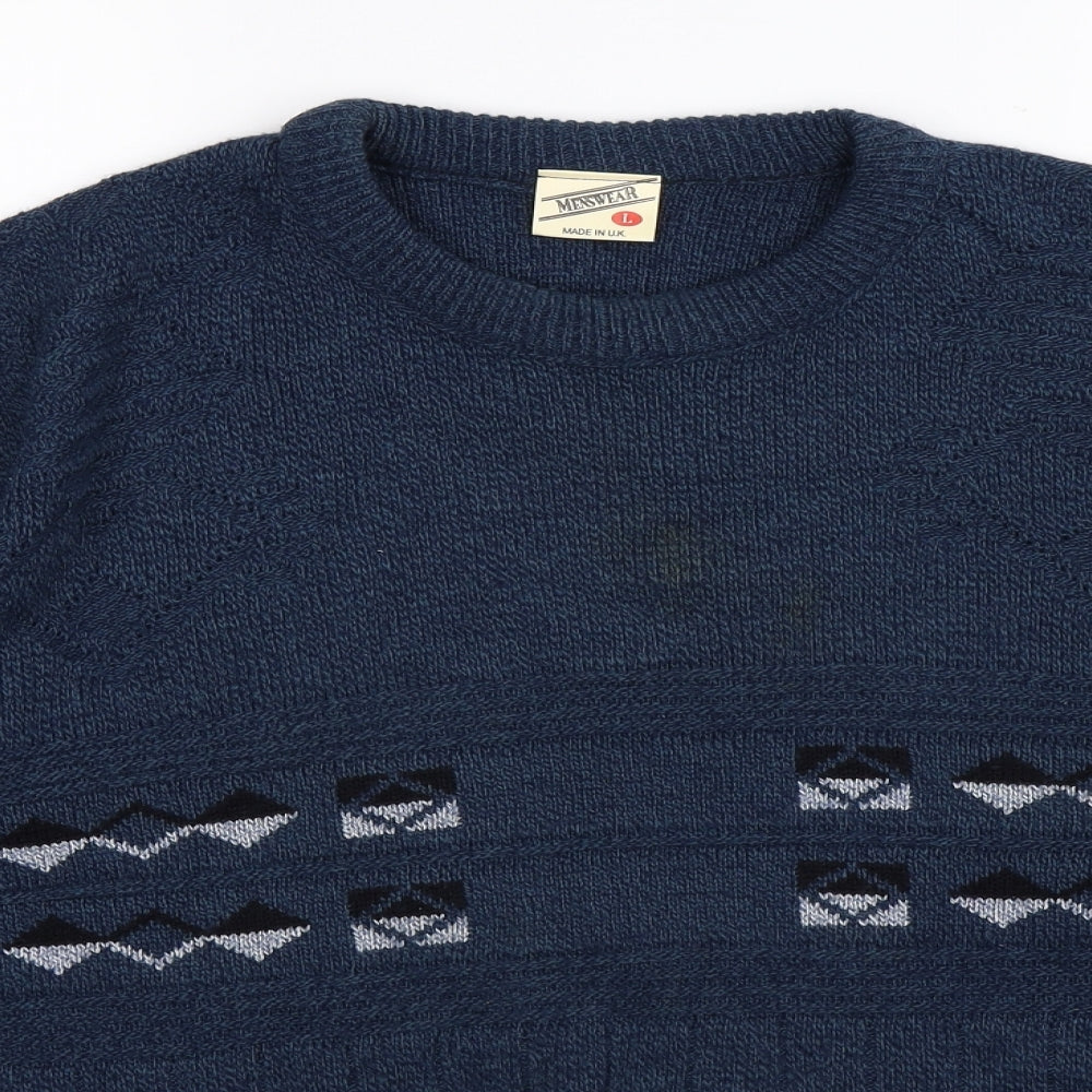 Preworn Mens Blue Geometric Knit Pullover Jumper Size L
