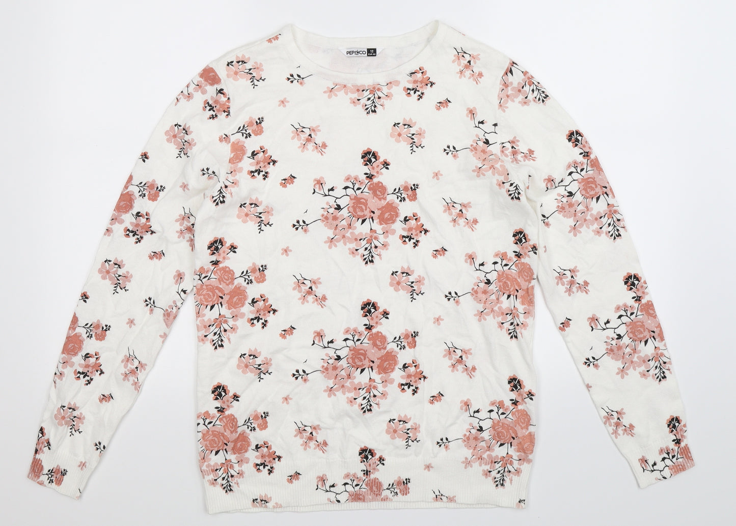 Pep & Co Womens White Floral Knit Pullover Jumper Size 12