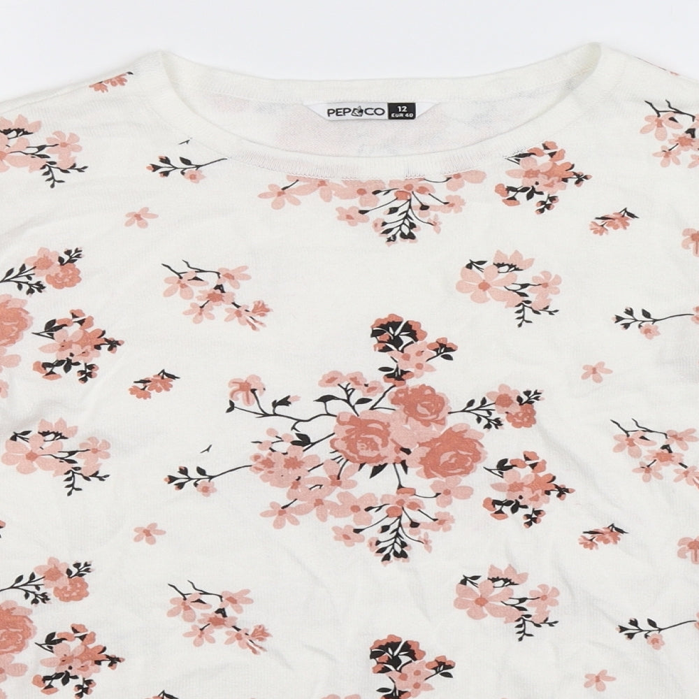 Pep & Co Womens White Floral Knit Pullover Jumper Size 12