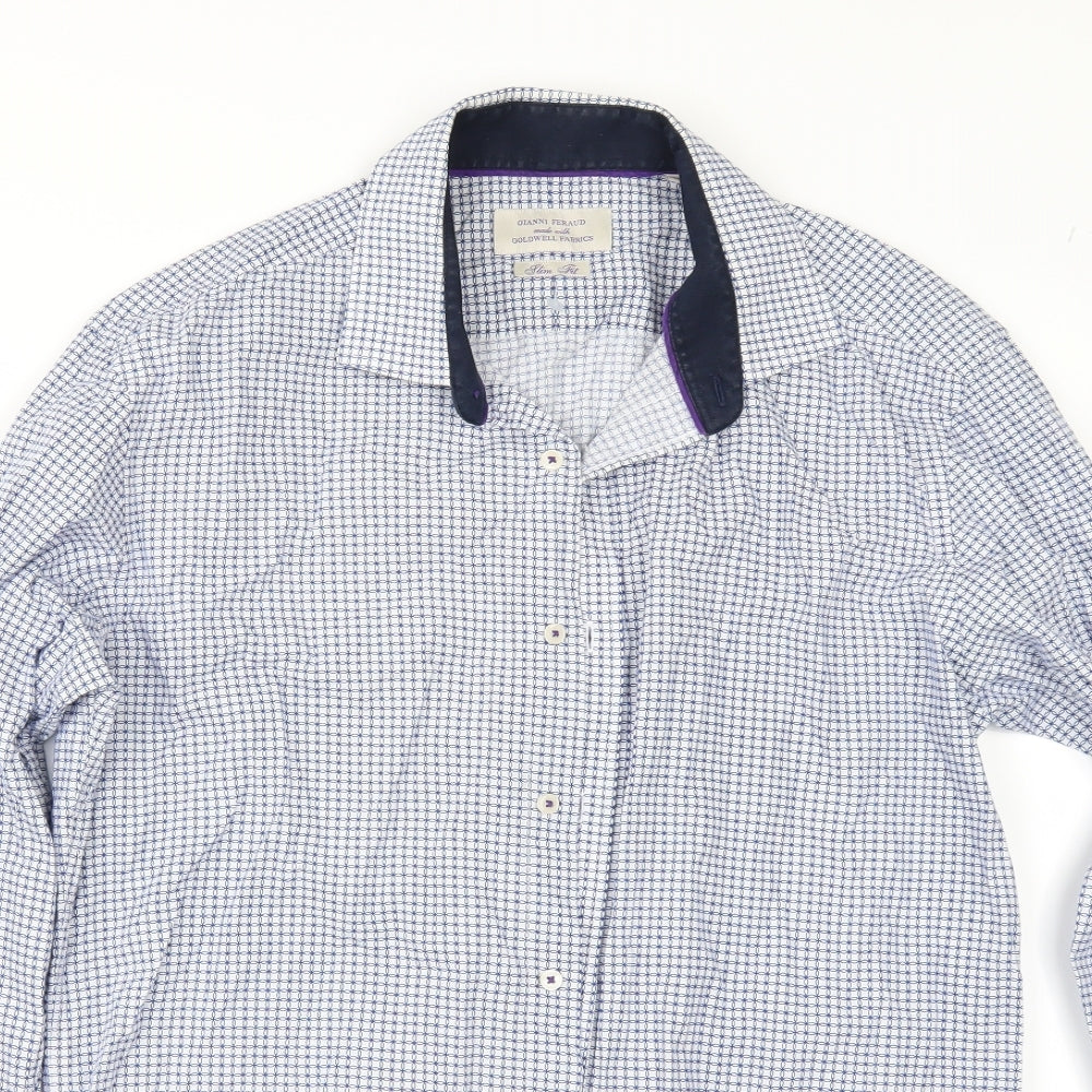 GIANNI FERAUD Mens Blue Geometric   Button-Up Size 17