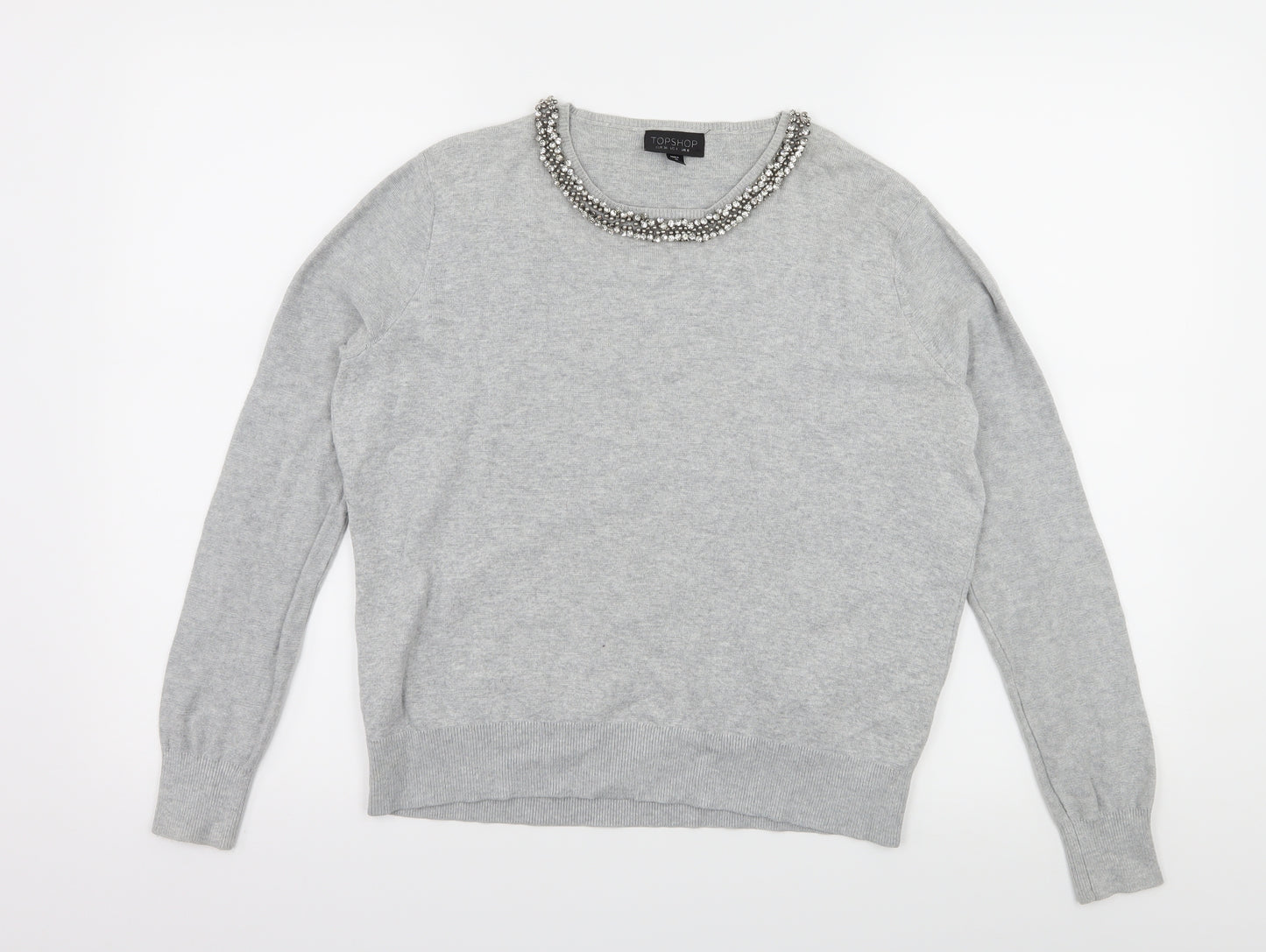 Topshop Womens Grey  Knit Pullover Jumper Size 8  - Embelished Neckline
