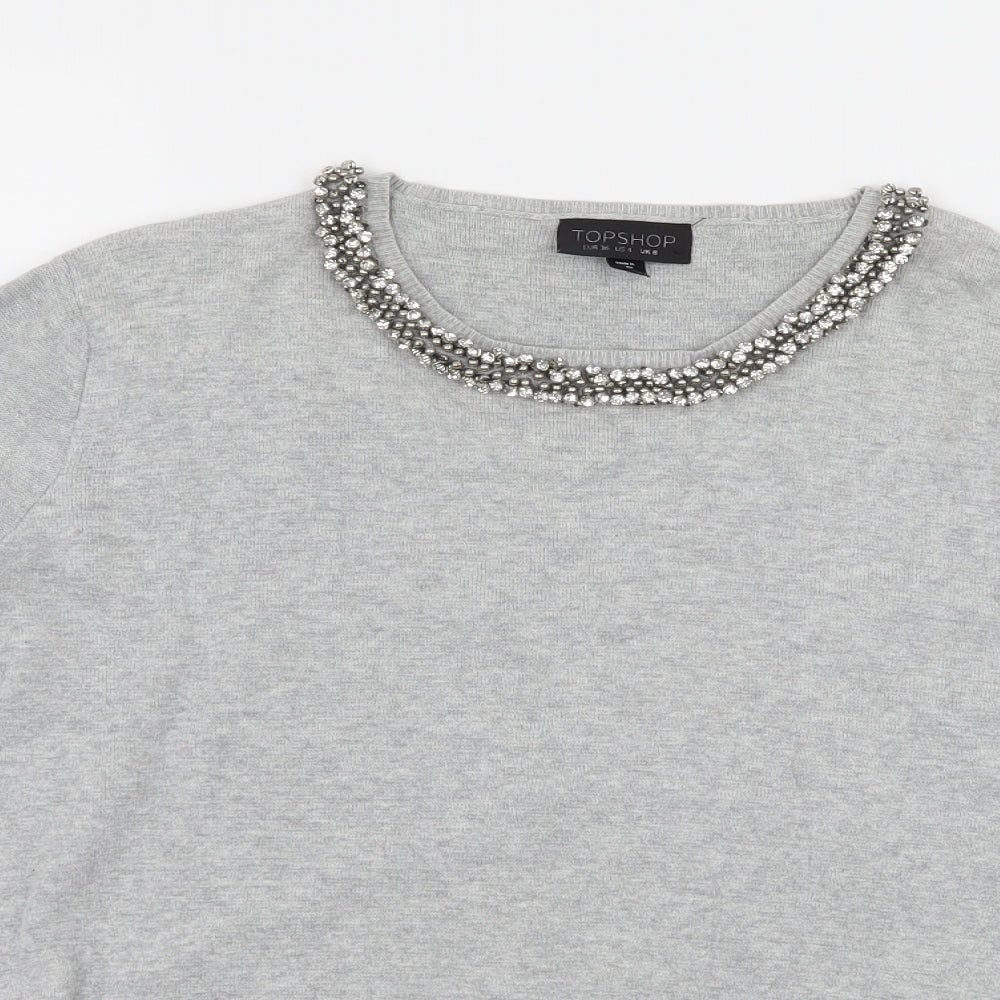 Topshop Womens Grey  Knit Pullover Jumper Size 8  - Embelished Neckline