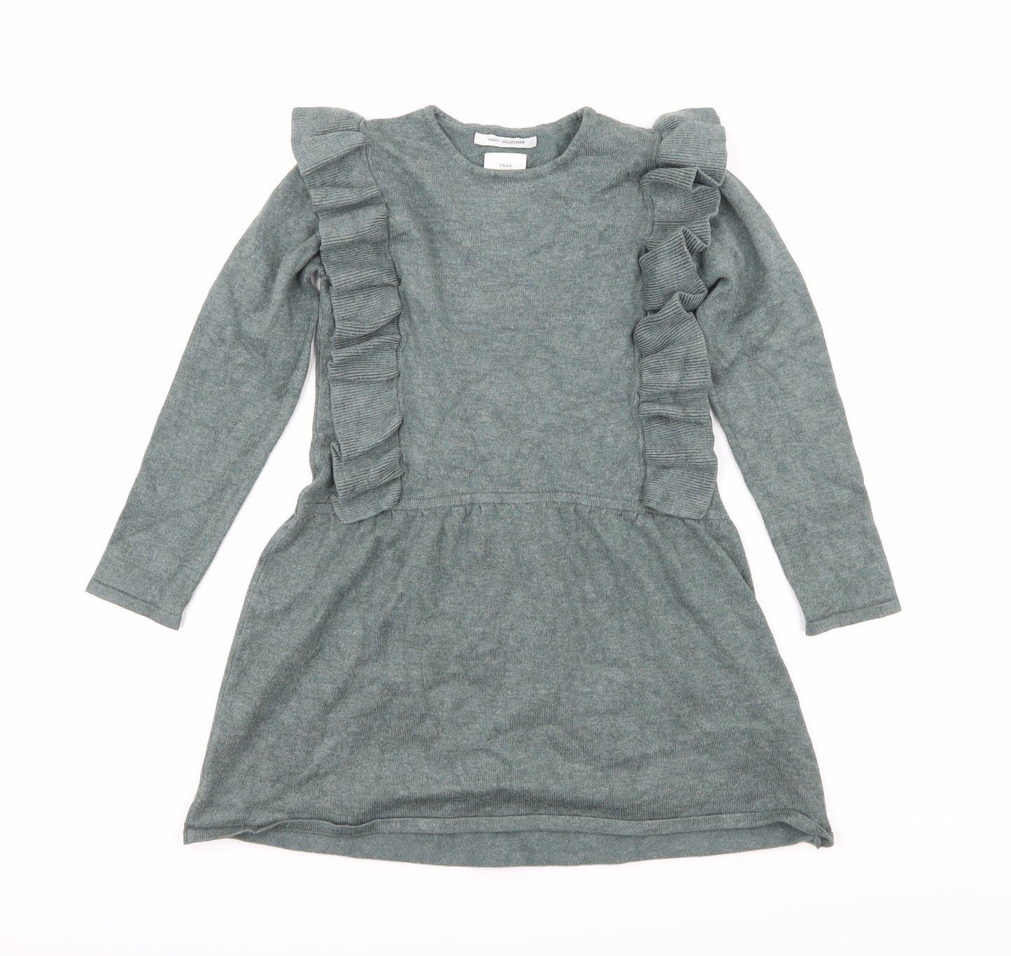 Zara Girls Green  Knit Jumper Dress  Size 6 Years  - Ruffle Detail