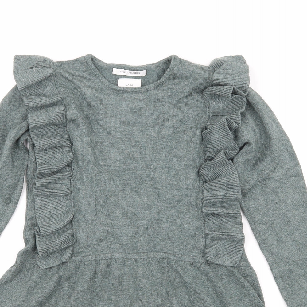Zara Girls Green  Knit Jumper Dress  Size 6 Years  - Ruffle Detail