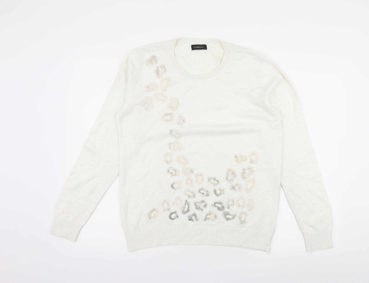 Claudia C Womens White Animal Print Knit Pullover Jumper Size L