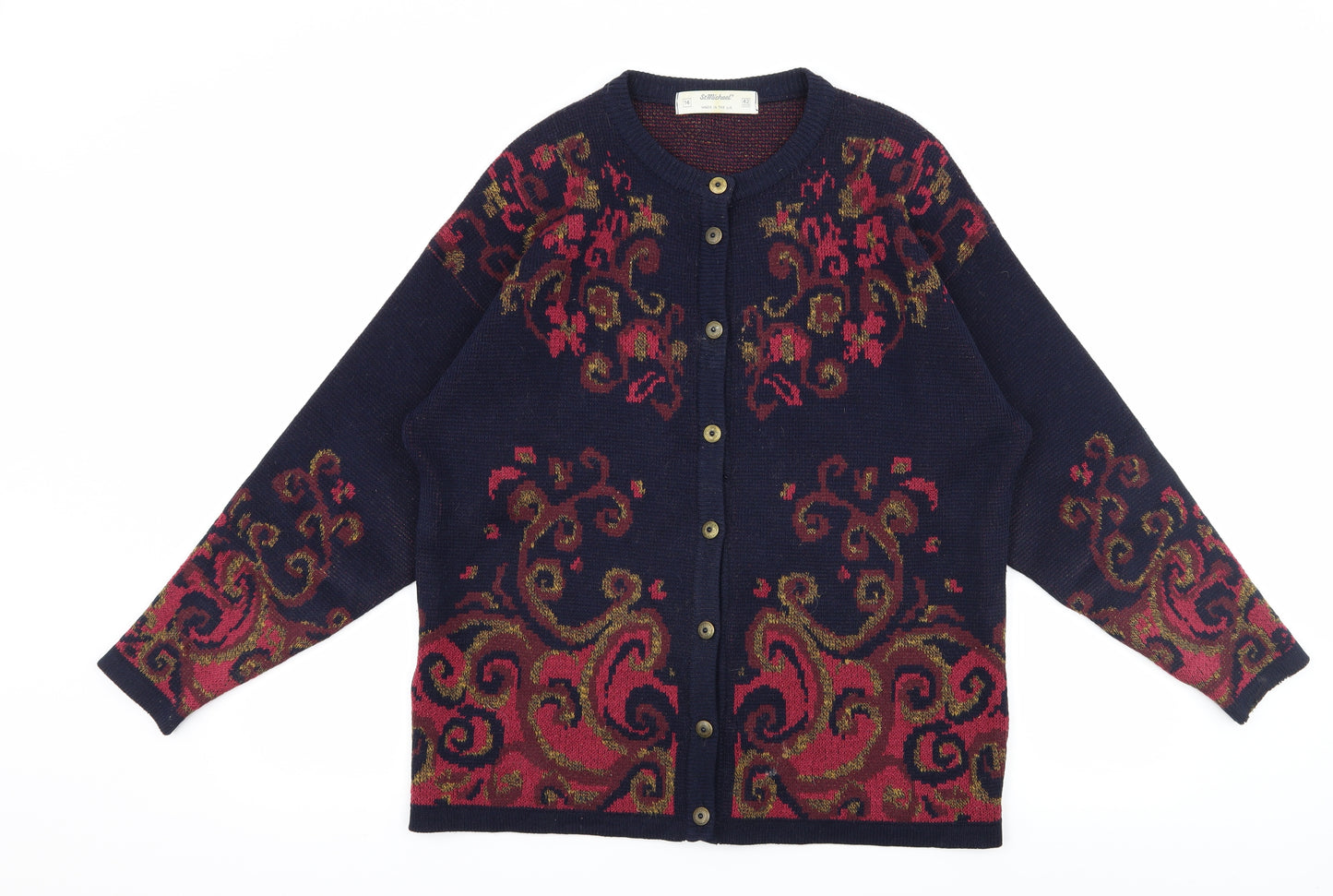 St Michael Womens Blue Floral Knit Cardigan Jumper Size 14