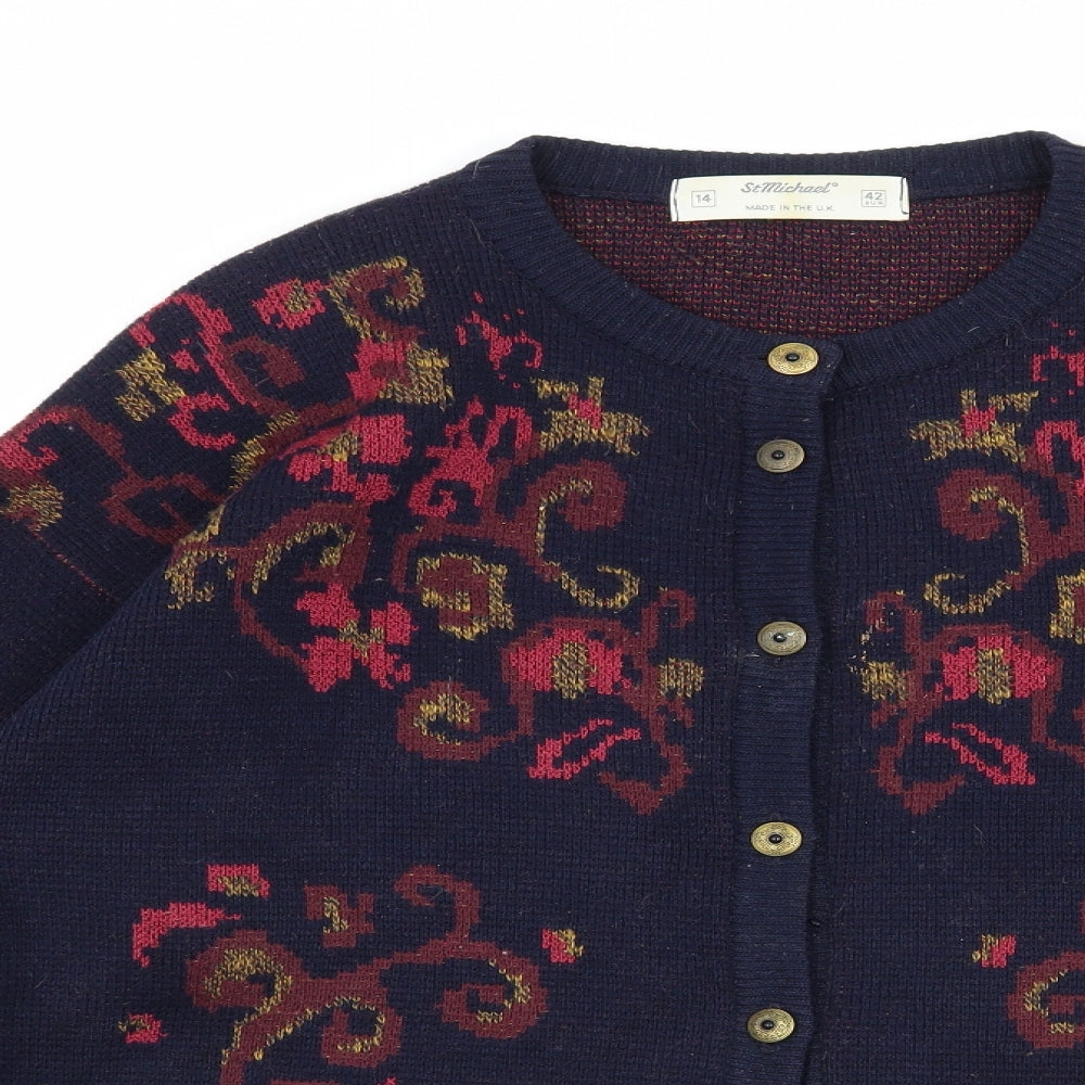 St Michael Womens Blue Floral Knit Cardigan Jumper Size 14