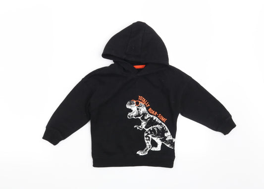 Front view of Primark boys’ black pullover hoodie, size 2-3, years - totally roar-some
