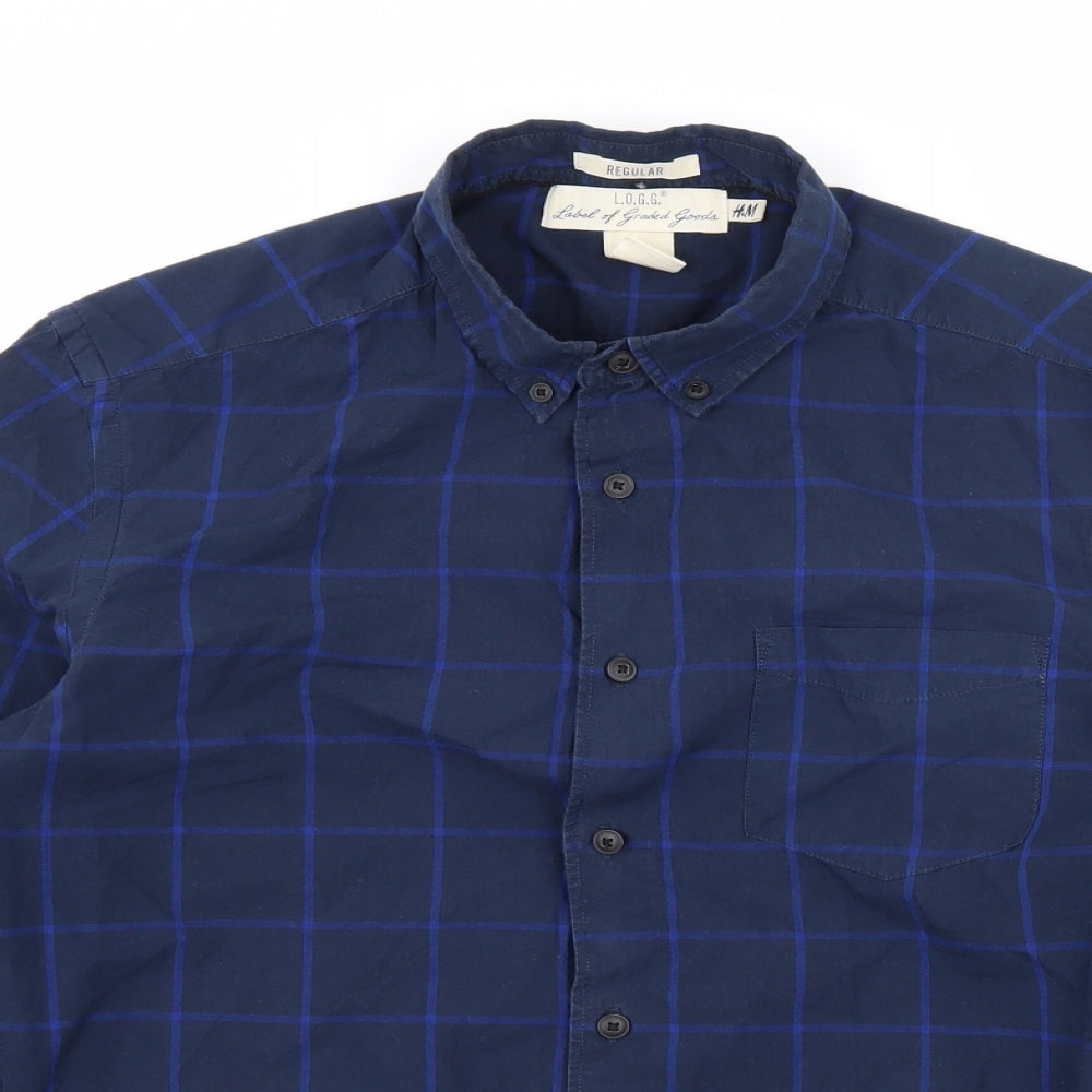 H&M Mens Blue Check   Button-Up Size S