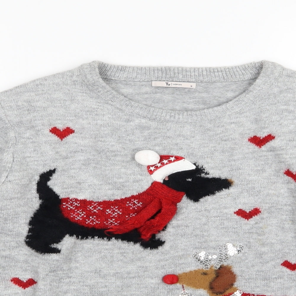 TU Womens Grey  Knit Pullover Jumper Size 16  - Christmas Dog