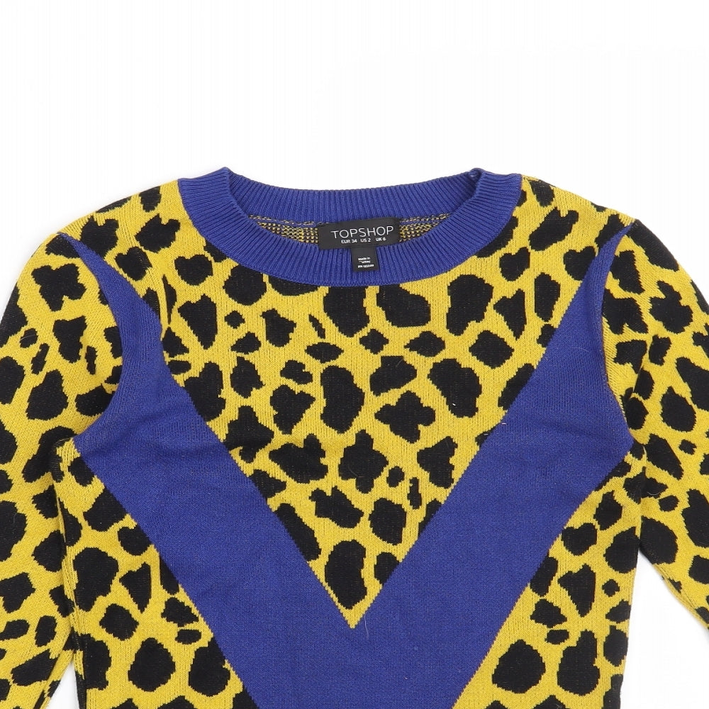 Topshop Womens Yellow Animal Print  Pullover Jumper Size 6
