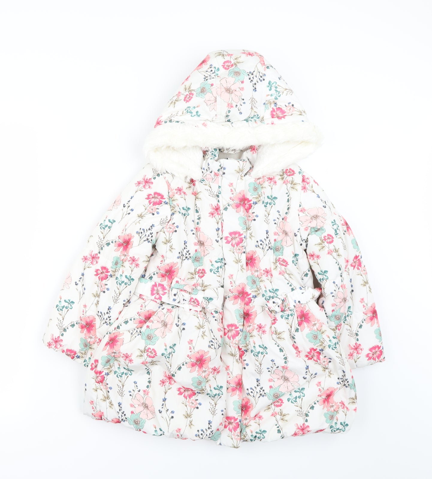 Preworn  Girls White Floral  Parka Coat Size 4-5 Years