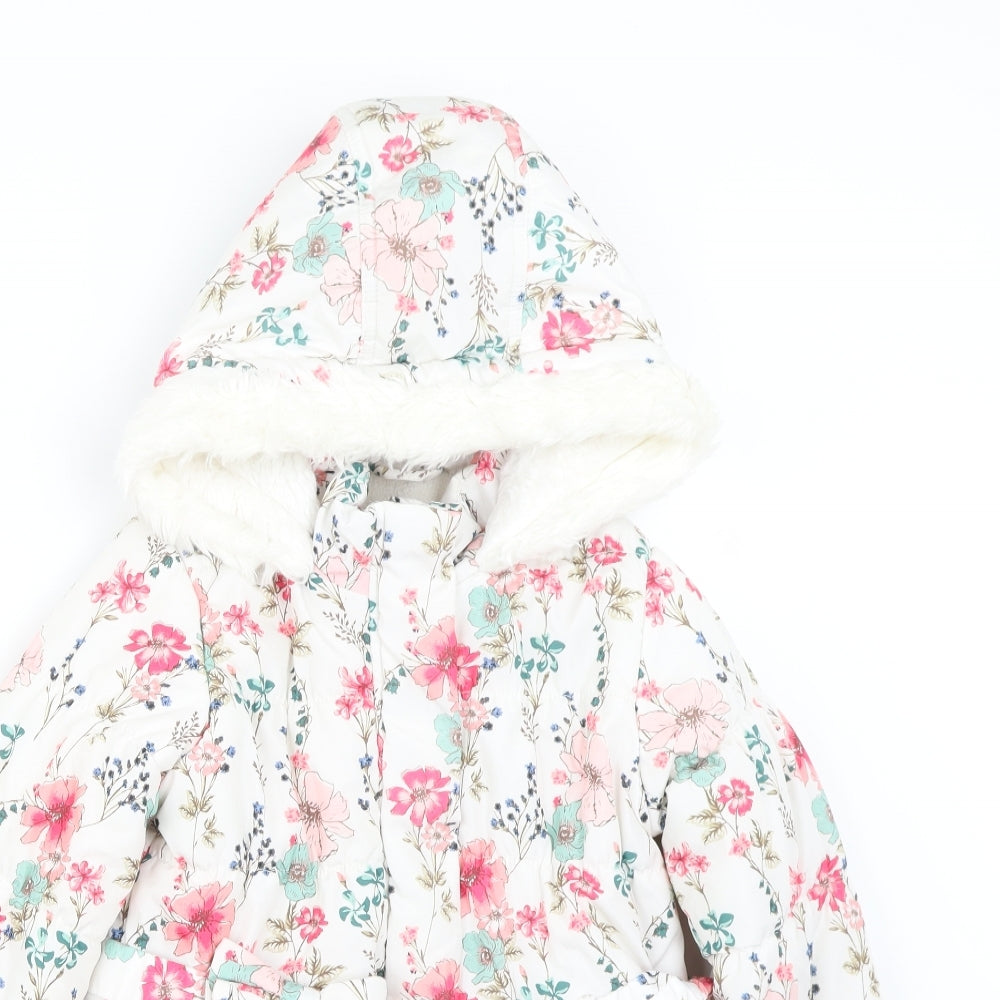 Preworn  Girls White Floral  Parka Coat Size 4-5 Years