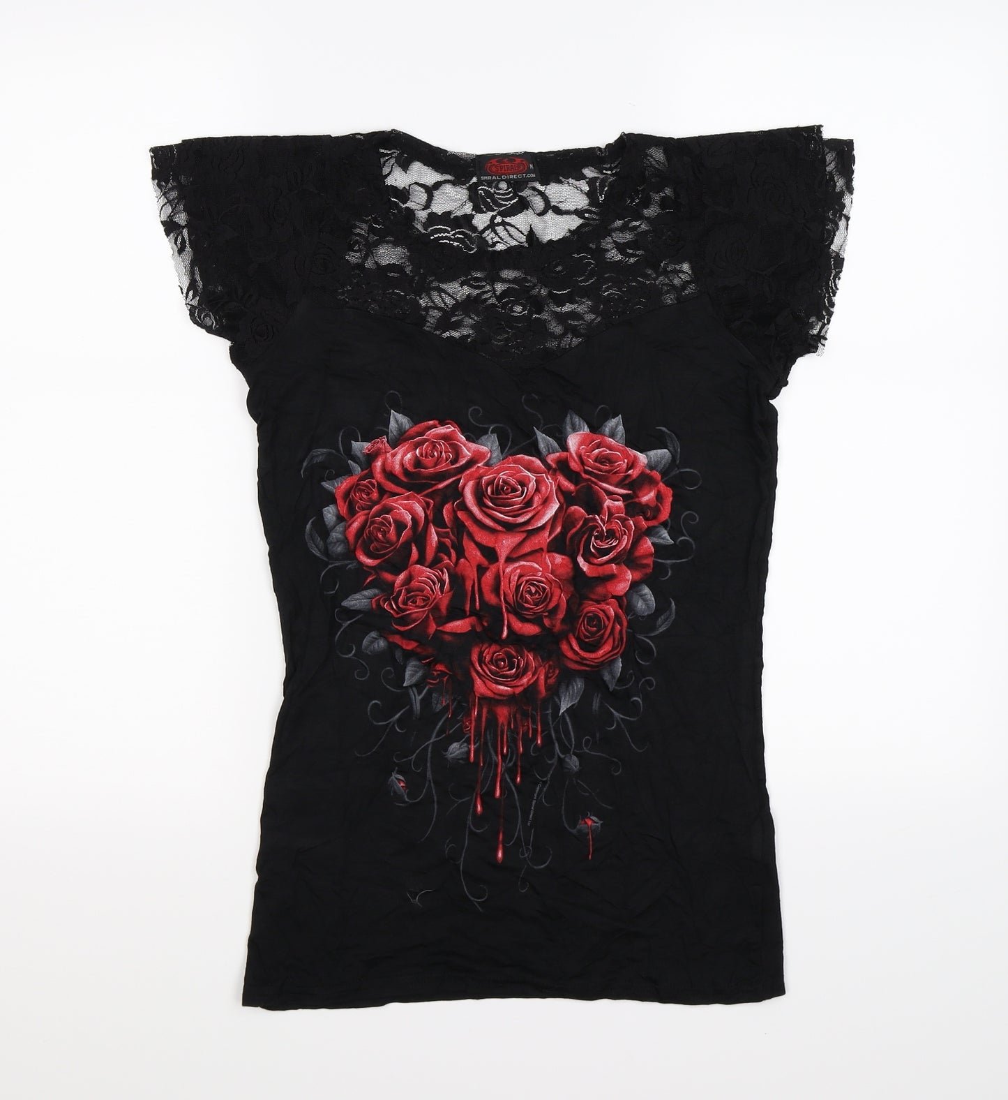 Spiral Womens Black Floral Lace Tunic T-Shirt Size M  - lace neck .rose heart