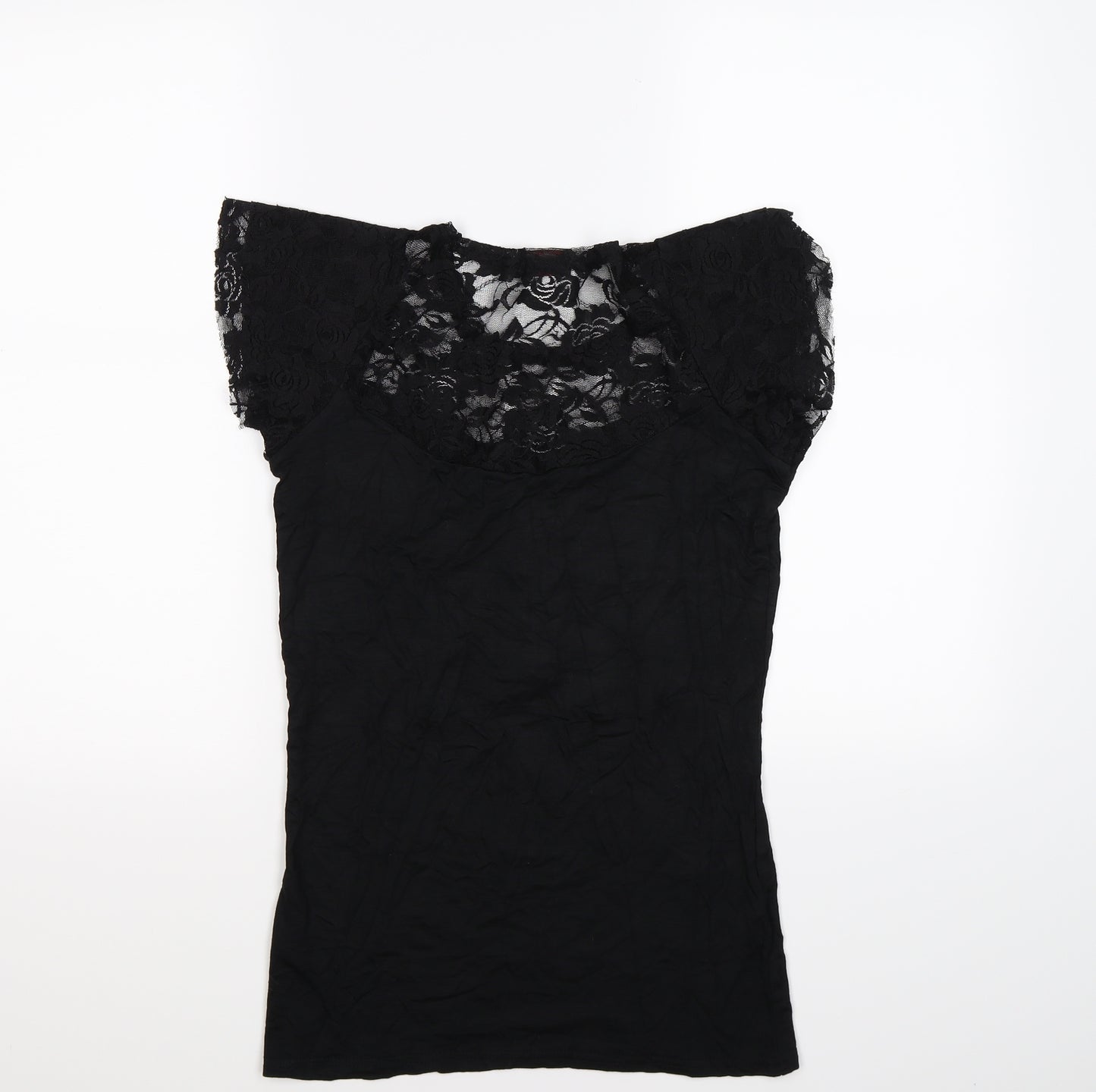 Spiral Womens Black Floral Lace Tunic T-Shirt Size M  - lace neck .rose heart