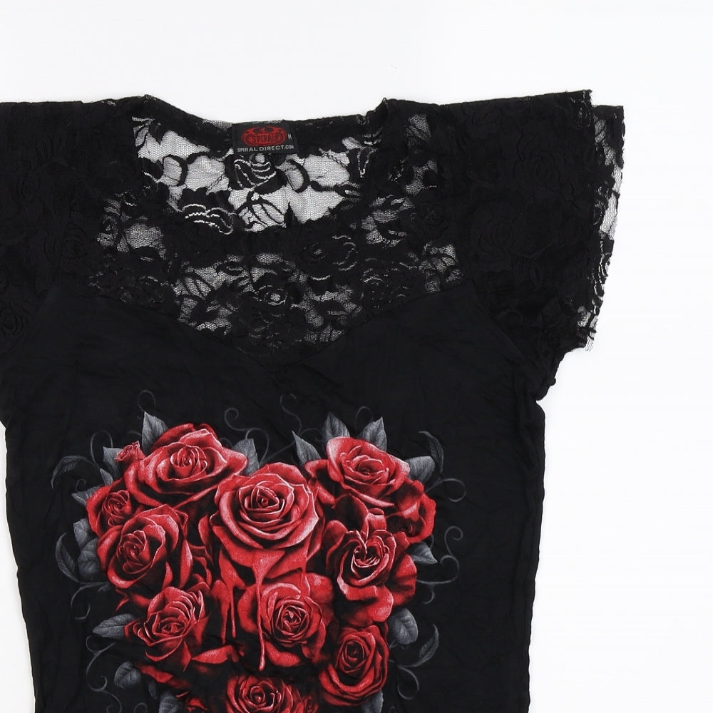Spiral Womens Black Floral Lace Tunic T-Shirt Size M  - lace neck .rose heart
