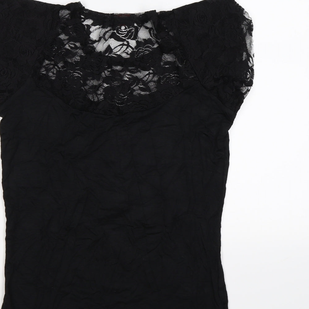 Spiral Womens Black Floral Lace Tunic T-Shirt Size M  - lace neck .rose heart