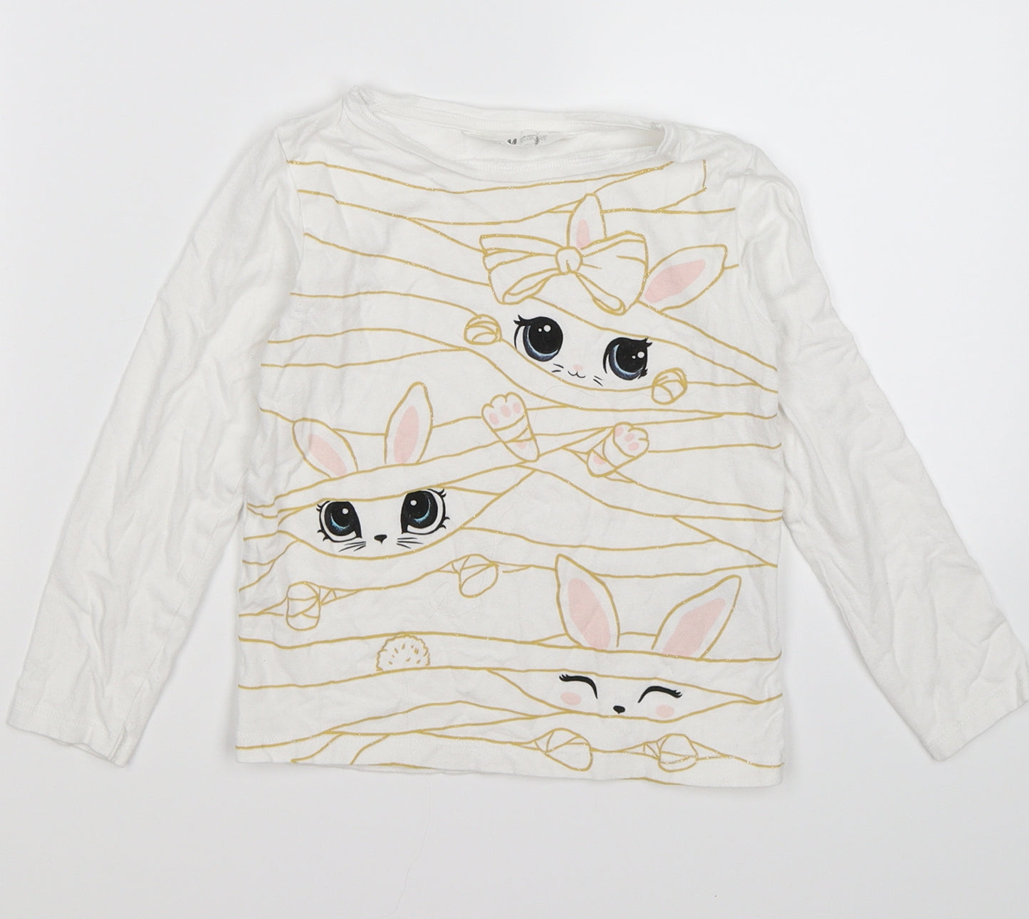 H&M Girls White Striped  Basic T-Shirt Size 4-5 Years  - KITTEN CATS
