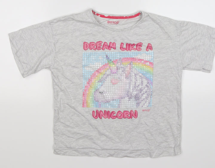 Emoji Girls Grey Basic T-Shirt Size 11-12 Years - DREAM UNICORN