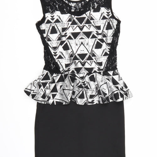 Progress Womens Black Geometric  Bodycon  Size M  - Frill Detail