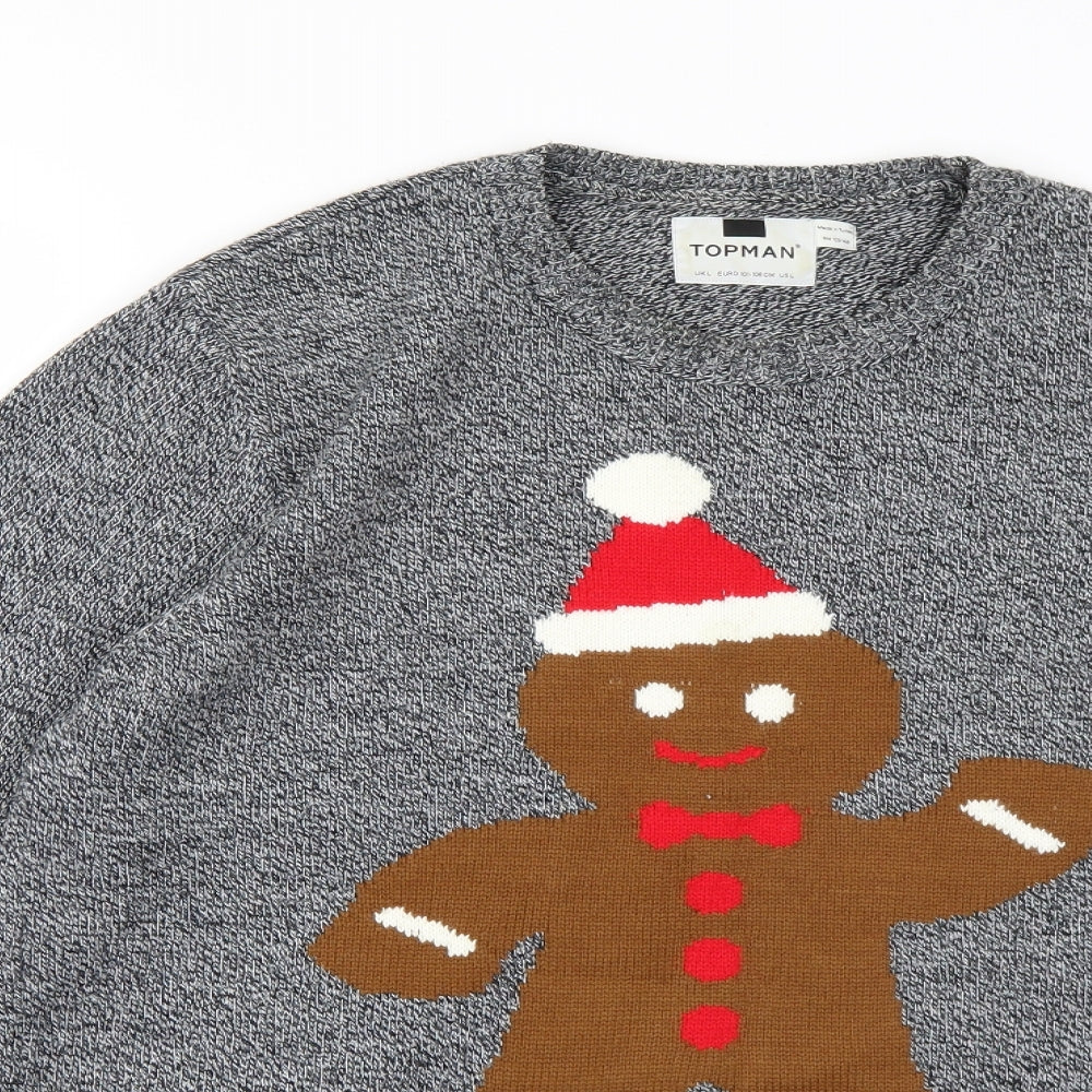 Topman Mens Grey  Knit Pullover Jumper Size L  - Gingerbread Man