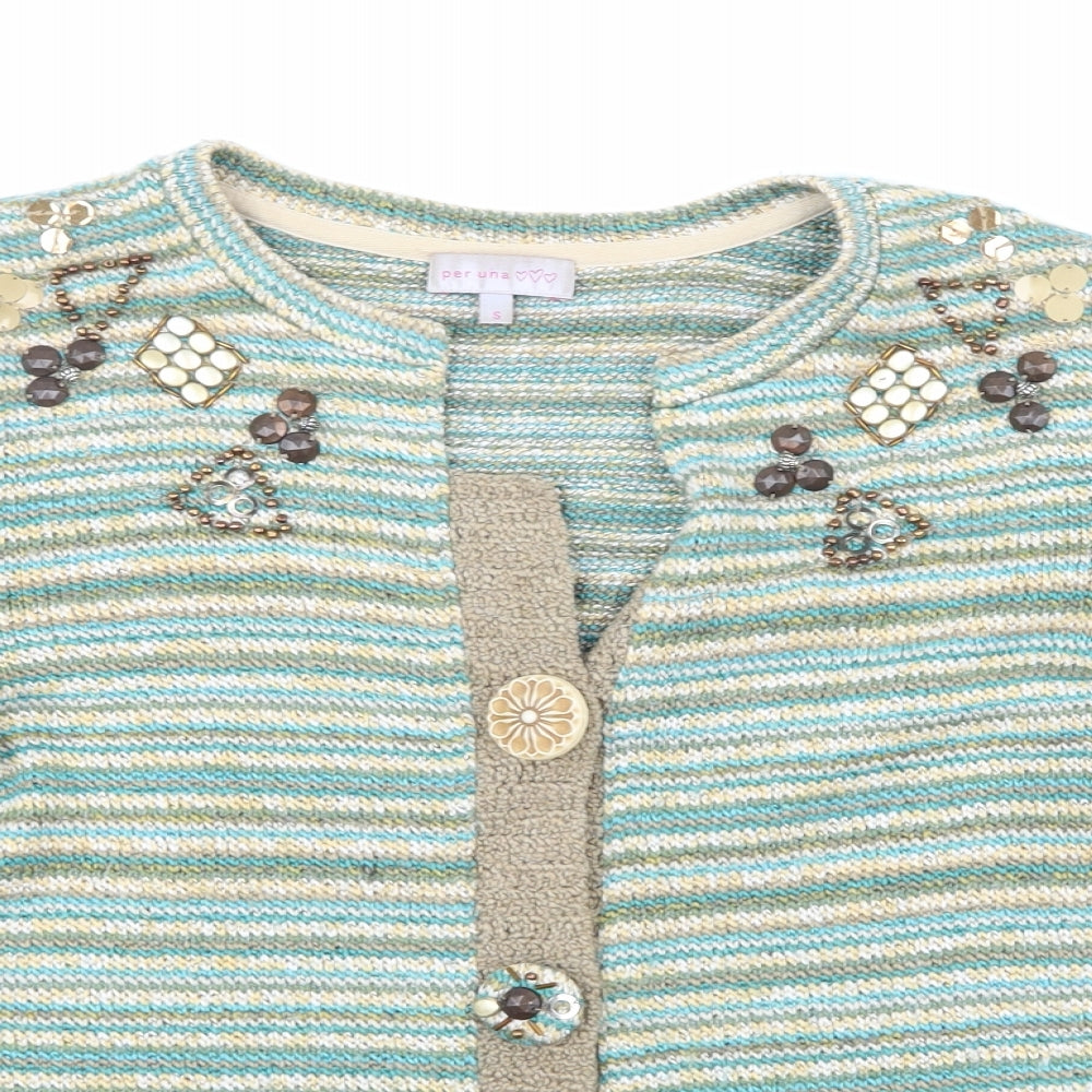Per Una Womens Green Striped Knit Cardigan Jumper Size S