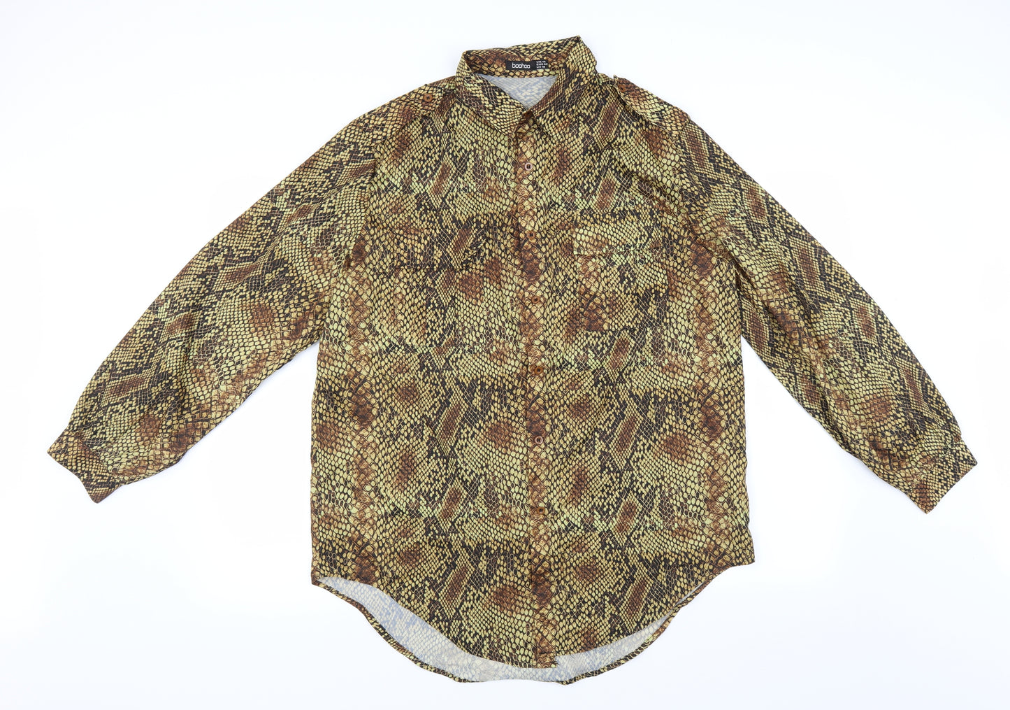 Boohoo Womens Yellow Animal Print  Basic Button-Up Size 14