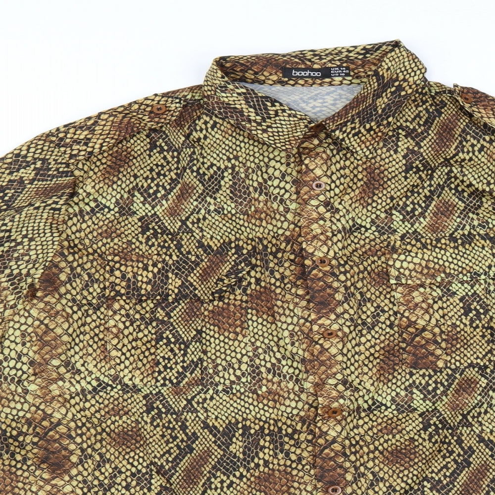 Boohoo Womens Yellow Animal Print  Basic Button-Up Size 14