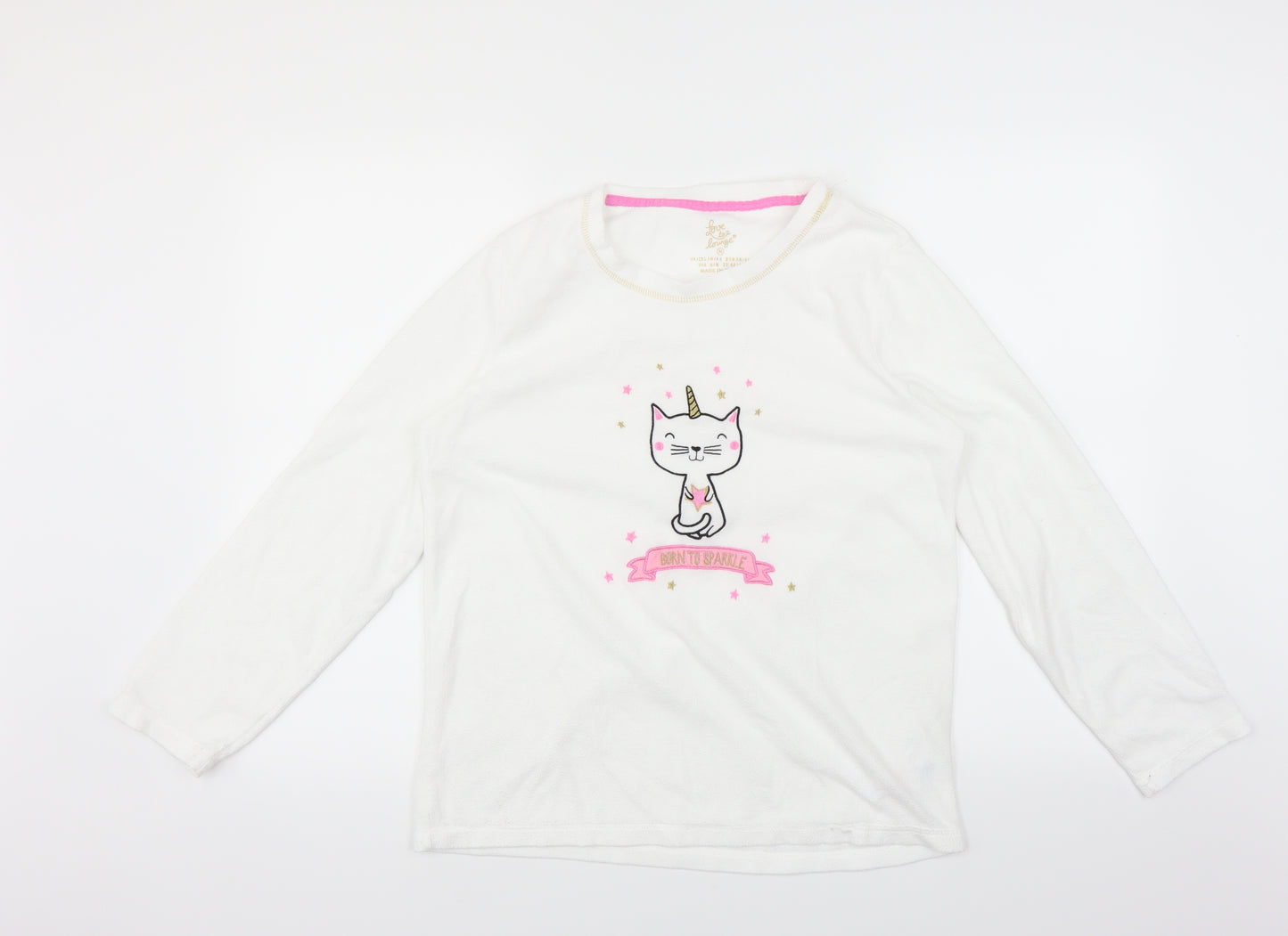 Primark Womens White Solid  Top Pyjama Top Size M  - Unicorn cat