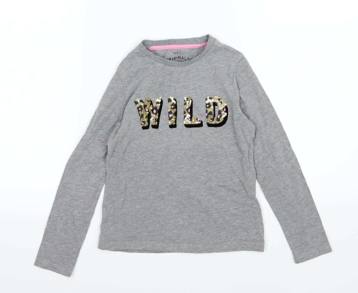 Marks and Spencer Girls Grey Animal Print Jersey Basic T-Shirt Size 6-7 Years  - Wild