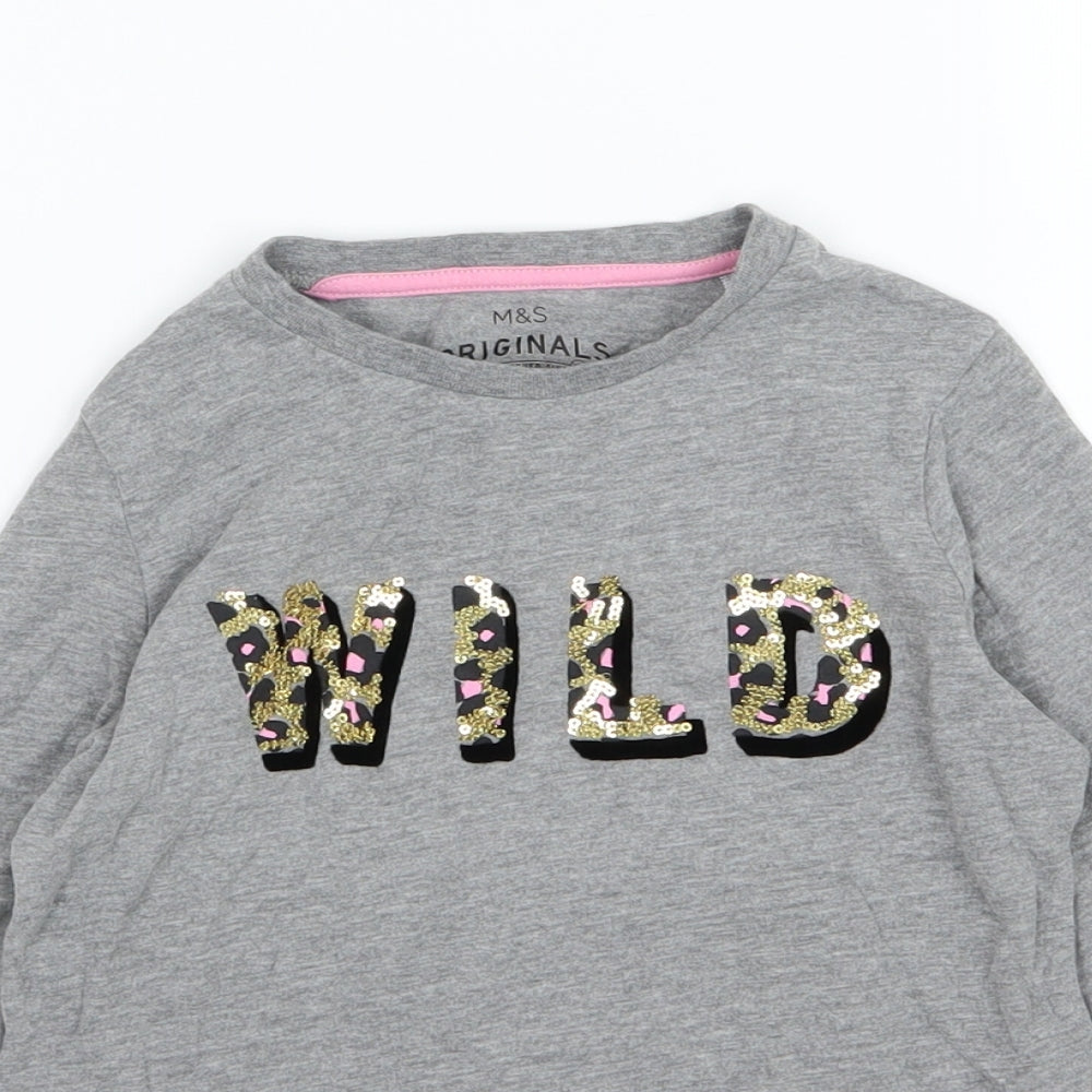 Marks and Spencer Girls Grey Animal Print Jersey Basic T-Shirt Size 6-7 Years  - Wild