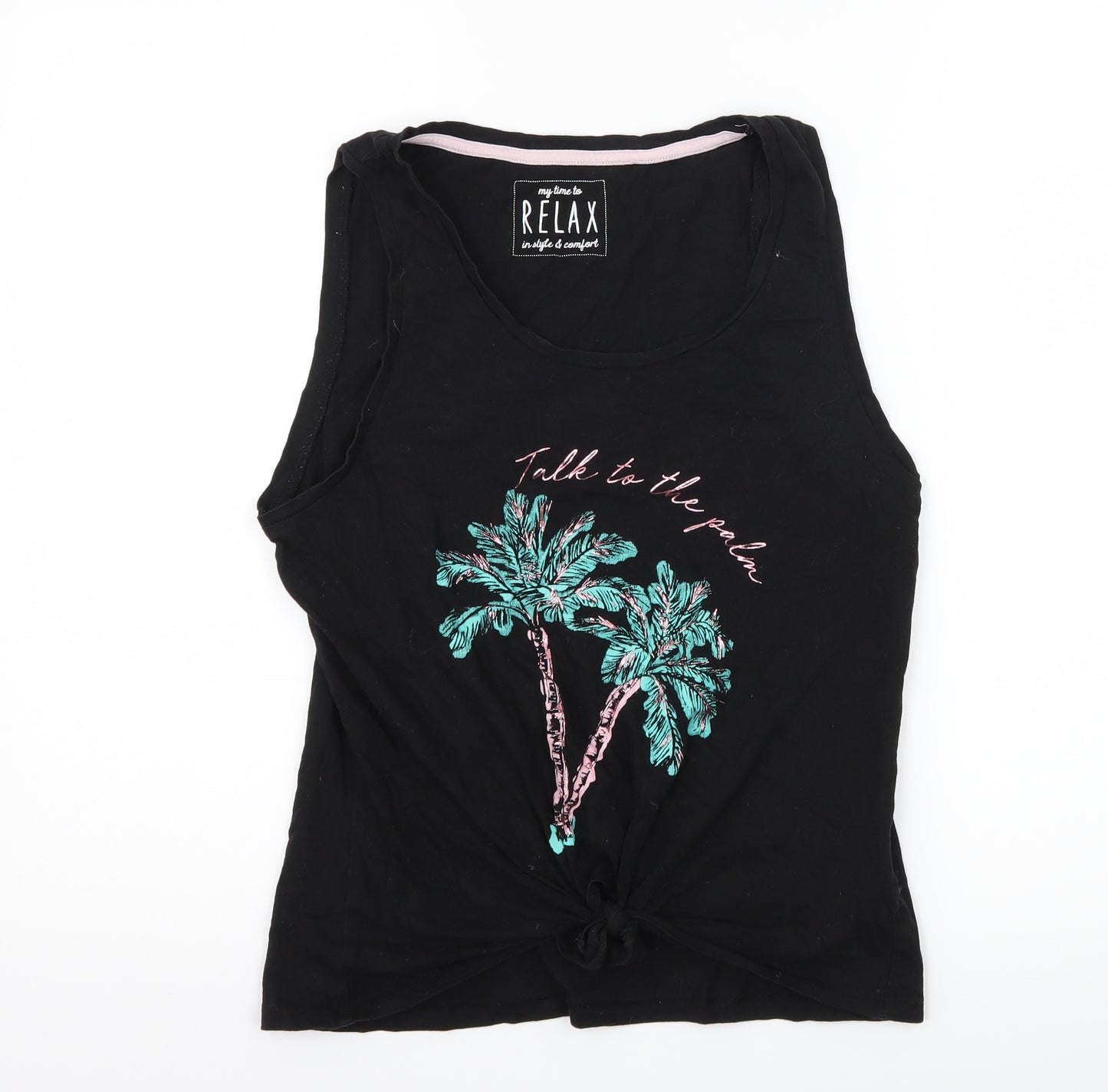 Peacocks Womens Black Solid Jersey Top Pyjama Top Size 10  - Talk To The Palm Slogan