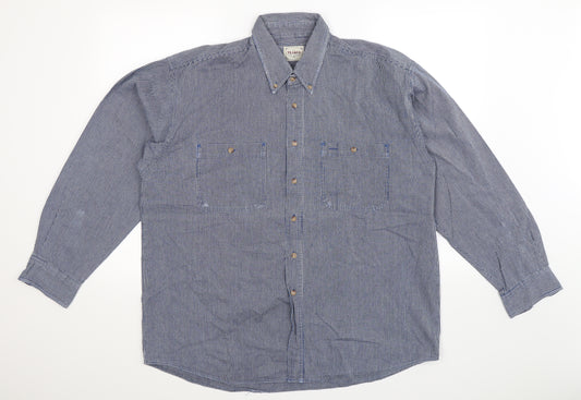 Front view of Trader men’s blue button-up, size L